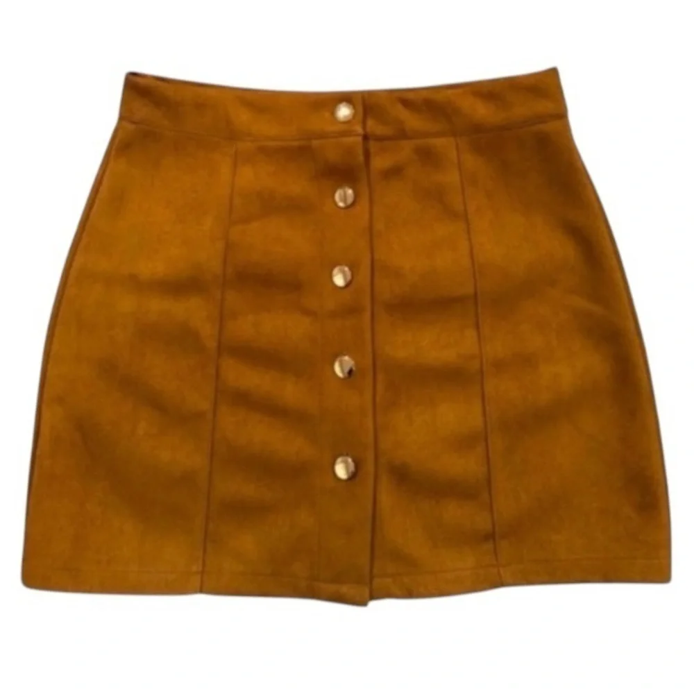 Brown Faux Suede Mini Skirt Gold Button Front Y2K Preppy Western Medium